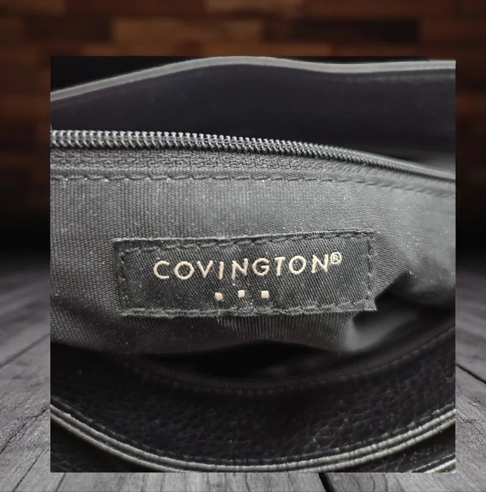 Vintage Covington Black Leather Shoulder Bag Scallop Front Pocket - Picture 7 of 15